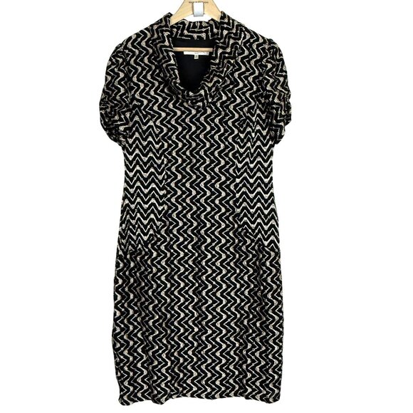 Evan-Picone Cowl Neck Dress Sz 16 Short Sleeve Ruched Zigzag Black Gold - Picture 1 of 8